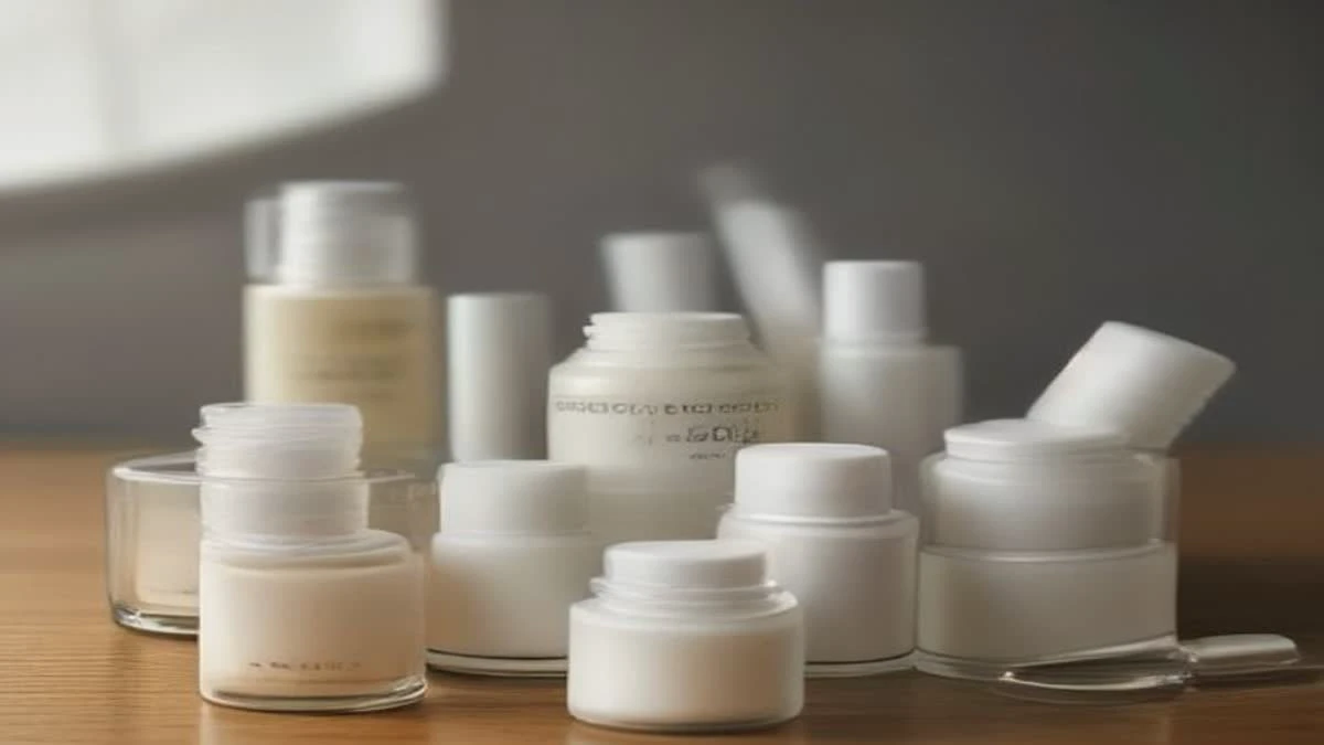 Eye cream samples and ingredient dossiers arranged on a formulation bench